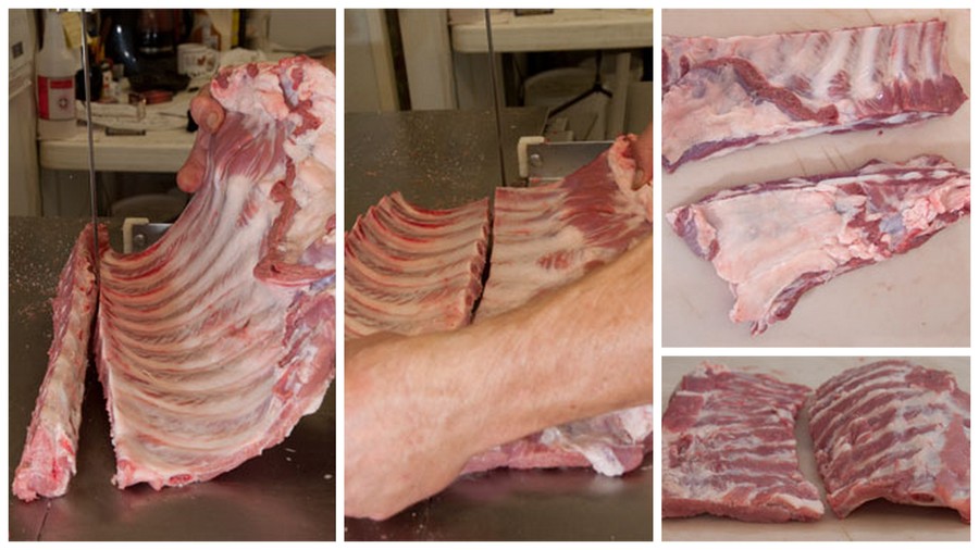 En ribben side fra en gris skæres op til spareribs og babyback ribs